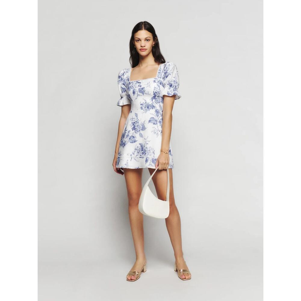 REFORMATION Evianna Linen Blue & White Toile Puff Sleeve Mini Dress US 10 NWT - Picture 2 of 14